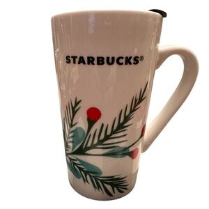 Starbucks White Green Pine Red Berries Christmas  Coffee Mug 12 oz 2020 With LID
